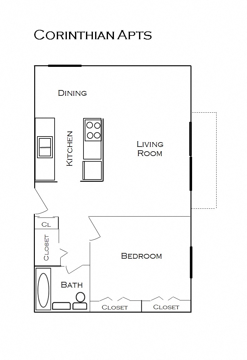 Floor plan for 1 bed, 1 bath, 670 sqft